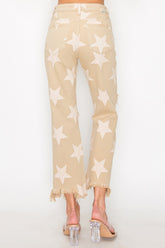 Trendy High Rise Star Printed Jeans with Distressed Frayed Hem